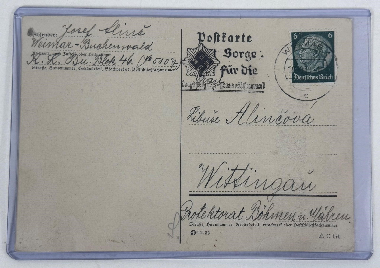 Germany 1939 Bahnpost Postcard: Original German postcard dated September 15, 1939, sent from Weimar to Buchenwald with Bahnpost (railway post) cancellation. Period postal markings present; corner crease consistent with age.