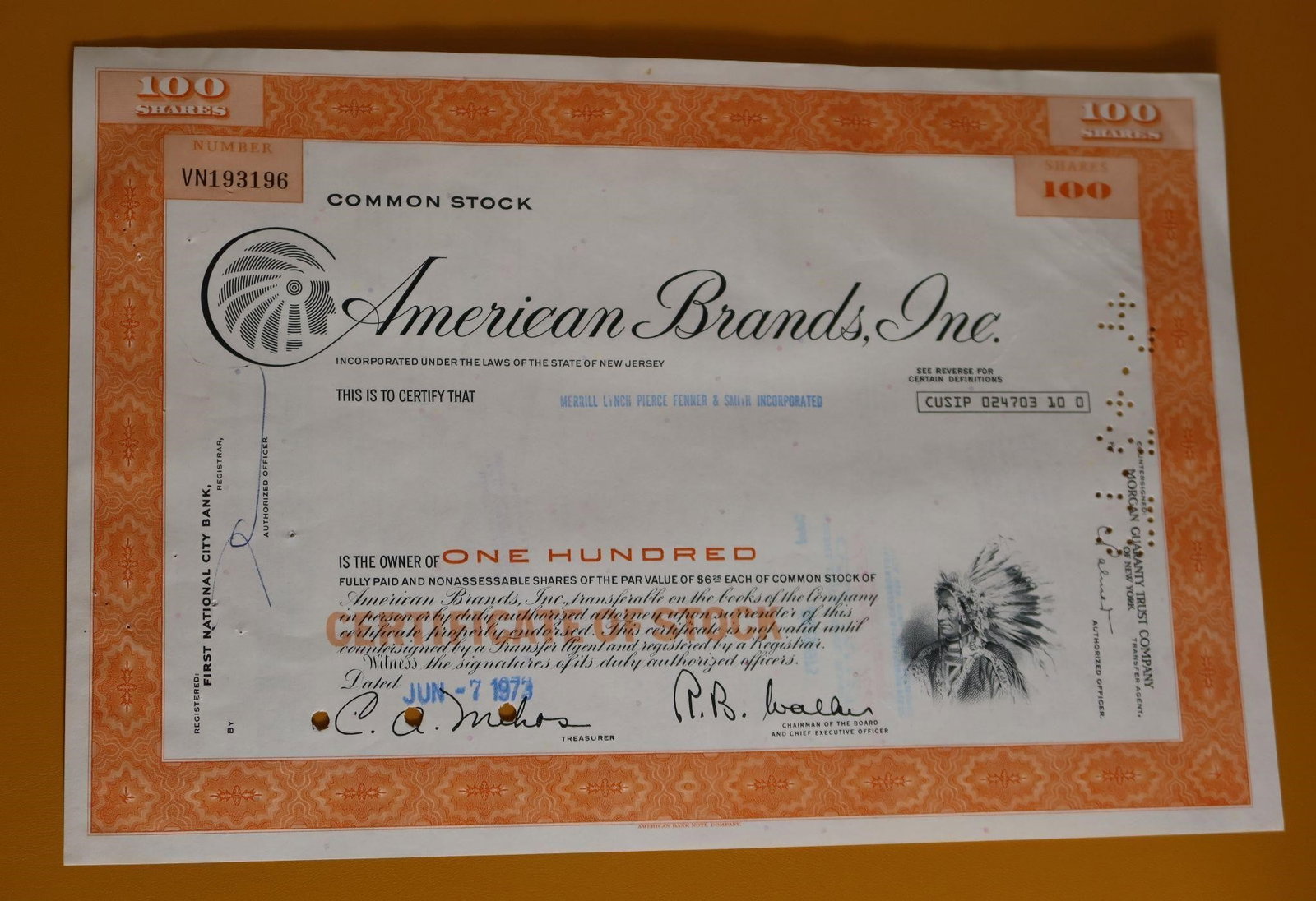American Brands Inc Stock Certificate: An American Brands, Inc. stock certificate. It is a physical certificate for 100 shares of common stock, dated June 7, 1973. American Brands, Inc. was originally the American Tobacco Company, a major