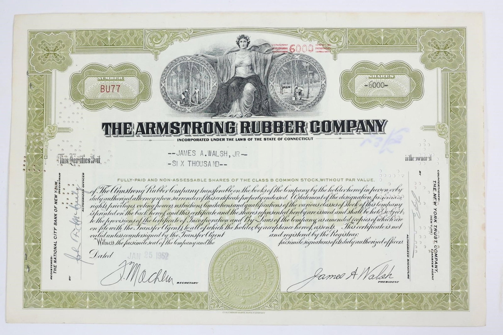 Vintage Armstrong Rubber Co. Stock Certificate: It is a certificate for 6,000 shares of Class B common stock in the company, dated January 25, 1952. The Armstrong Rubber Company was founded in West Haven, Connecticut, in 1912 and focused on the rep