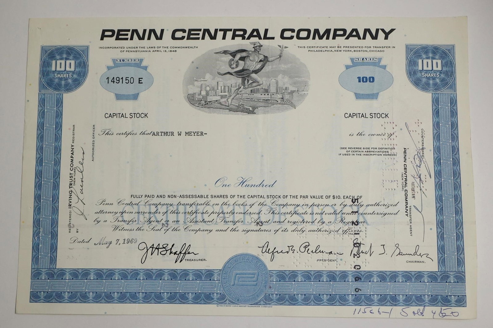 Penn Central Company Stock Certificate (1 of 2)