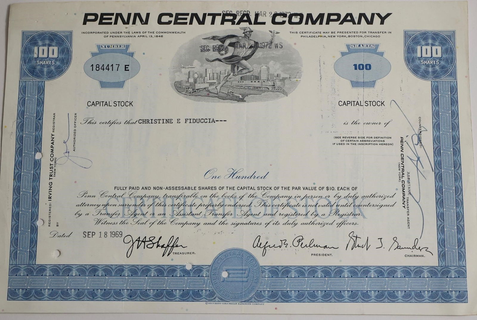 Penn Central Company 100-Share Stock Certificate: A stock certificate representing 100 shares of the Penn Central Company, featuring traditional engraved design and official signatures.