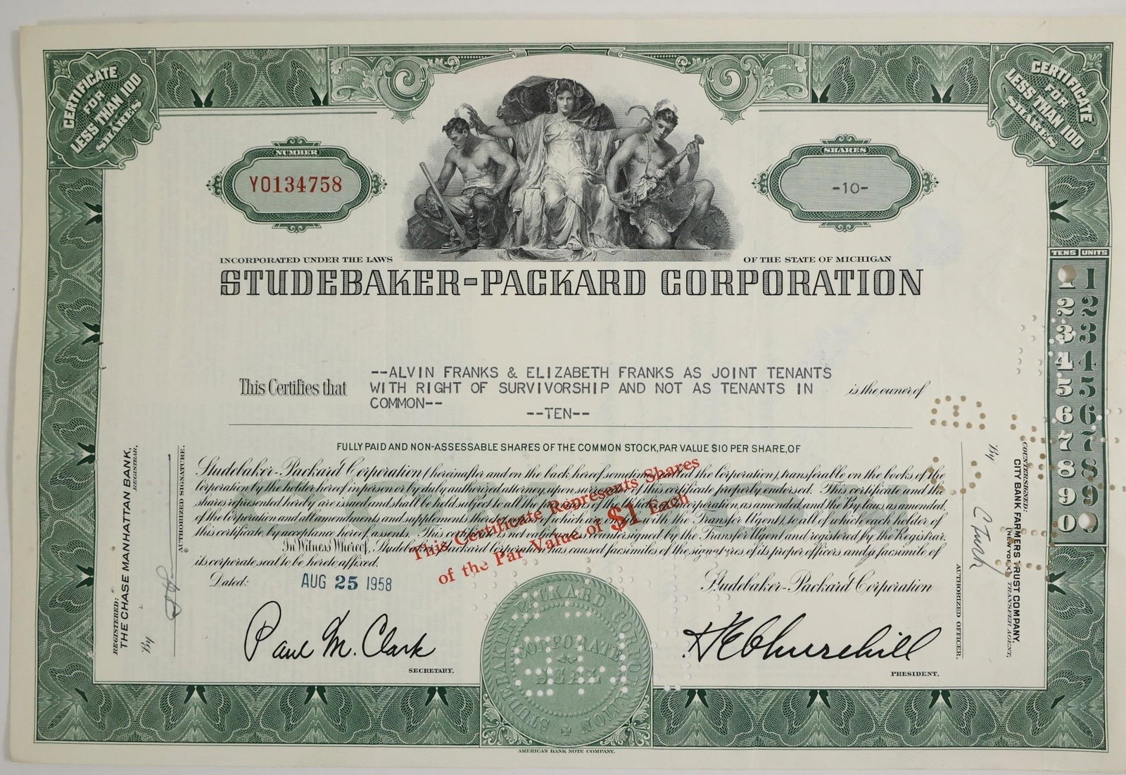 Studebaker-Packard Corporation 17-Share: A 1957 stock certificate from the Studebaker-Packard Corporation representing 17 shares, issued to Carl W. Stern & Co. Inc.