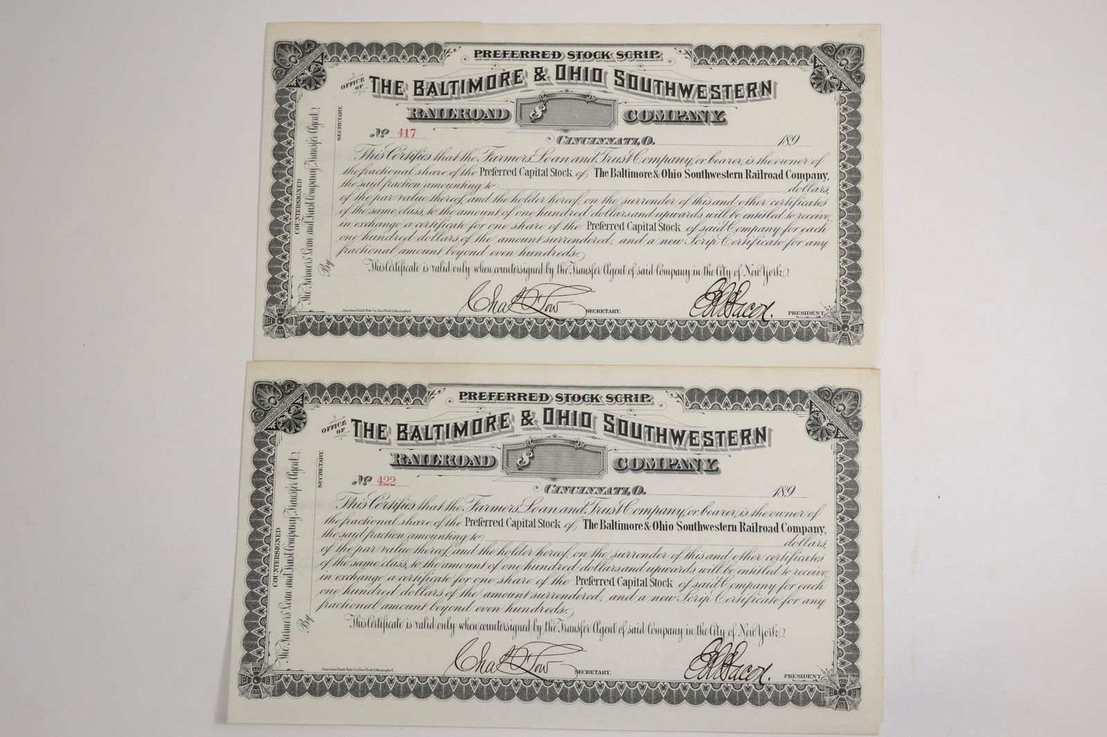 B&O Southwestern Railroad 1890s Preferred Scrips: Two preferred stock scrip certificates from the Baltimore & Ohio Southwestern Railroad Company, 1890s. Popular collectibles for scripophily and historical finance enthusiasts.