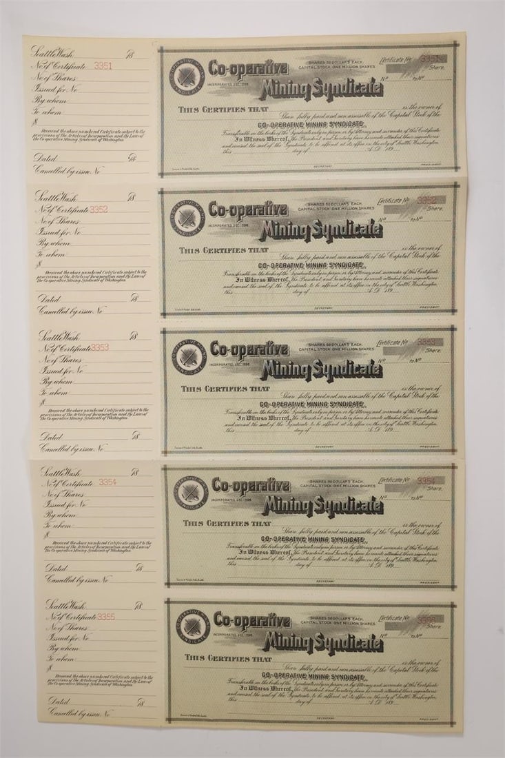 Co-operative Mining Syndicate Unused Stock: Unused stock certificate from the Co-operative Mining Syndicate. A collectible piece of historical financial memorabilia. whit no date.