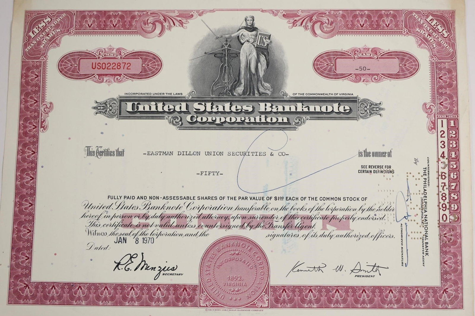 United States Banknote Corporation Stock: United States Banknote Corporation stock certificate issued January 8, 1970, for 50 shares of common stock.
