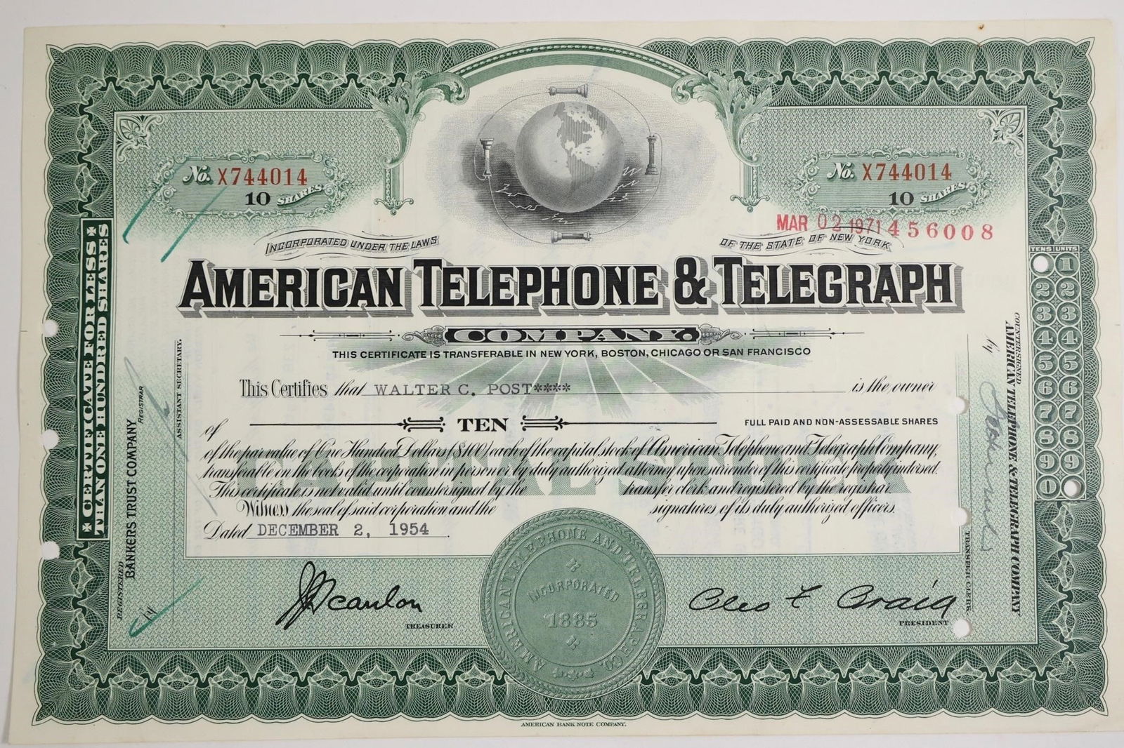 AT&T 10-Share Stock Certificate: Authentic AT&T stock certificate, issued to Walter C. Post on December 2, 1954, for 10 shares at $100 par value each.