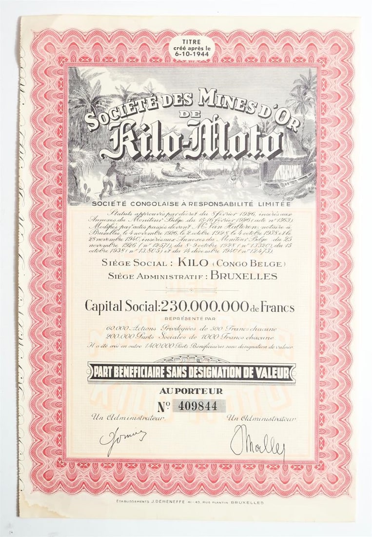 1944 Kilo-Moto Gold Mines Stock Certificate: A collectible 1944 stock certificate for the Société des Mines d'Or de Kilo-Moto. The document represents a share in a gold mining company that operated in the Belgian Congo (now the Democratic Repu