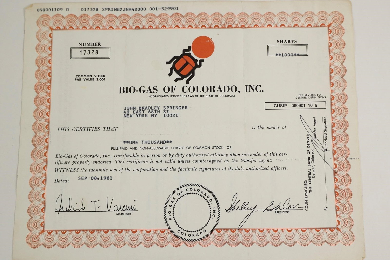 1981 Bio-Gas of Colorado Stock Certificate: Stock certificate for Bio-Gas of Colorado, Inc., issued September 8, 1981.
