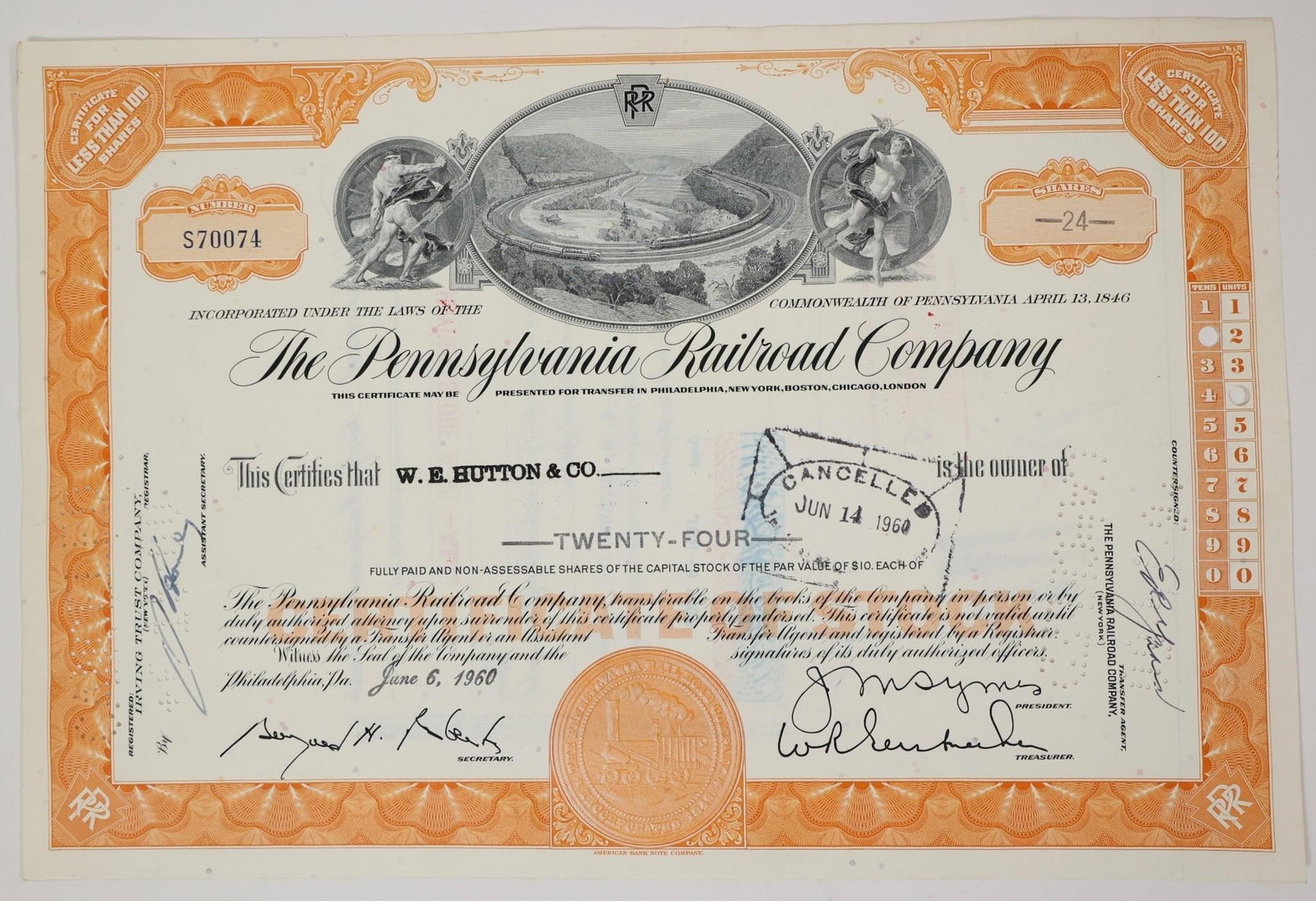 Pennsylvania Railroad Stock Certificate 1960: Pennsylvania Railroad Company stock certificate issued in 1960.