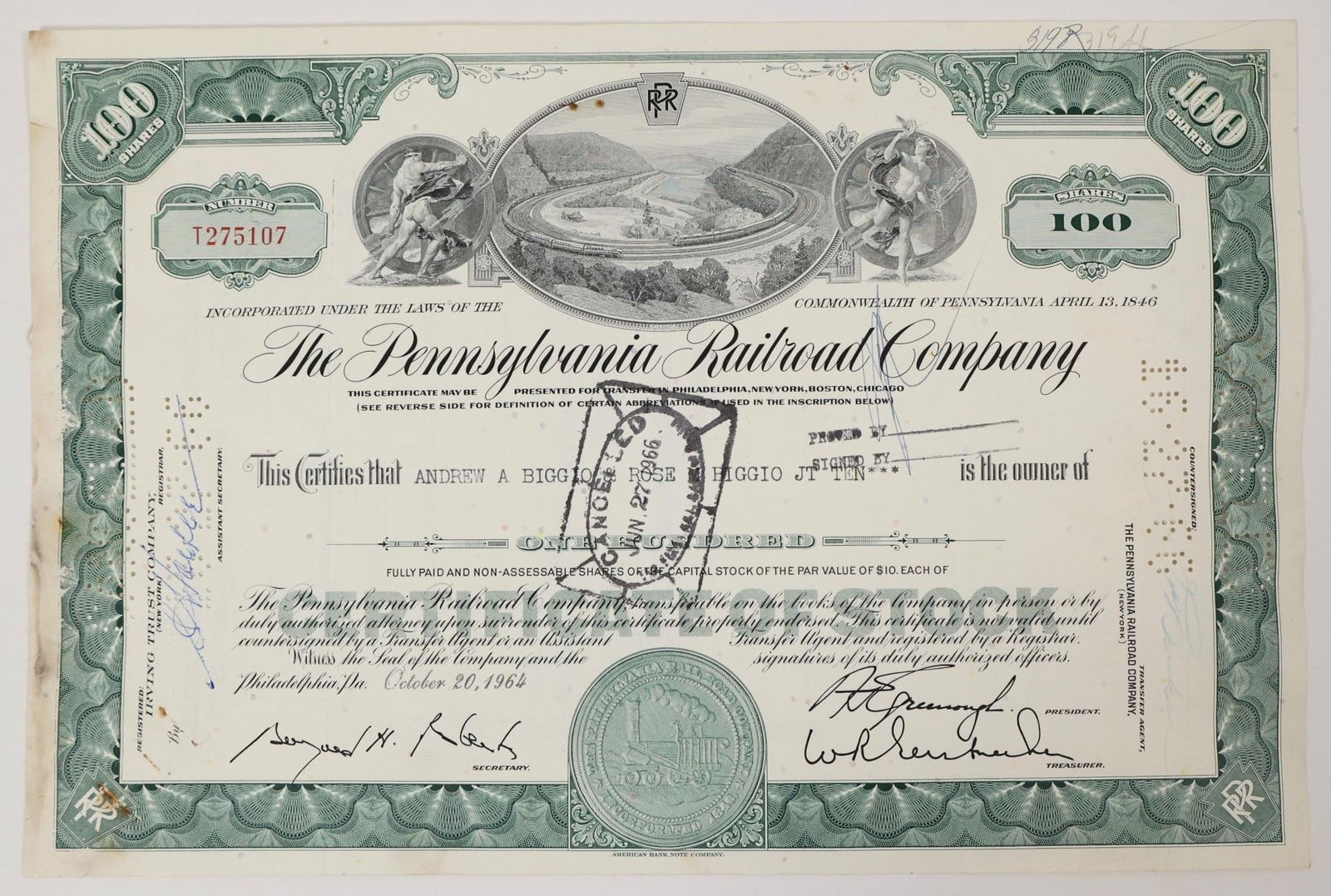 Pennsylvania Railroad Stock Certificate 1964 (1 of 2)