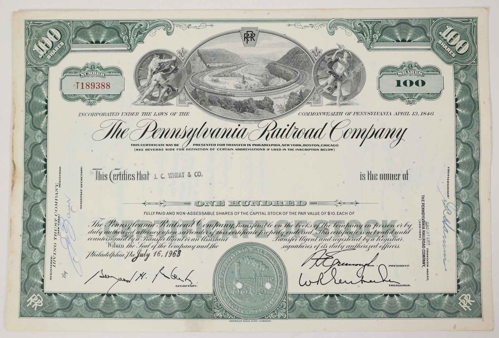 Pennsylvania Railroad Stock Certificate 1963: Collectible The Pennsylvania Railroad Company green stock certificate for 100 shares, issued on July 16, 1963.