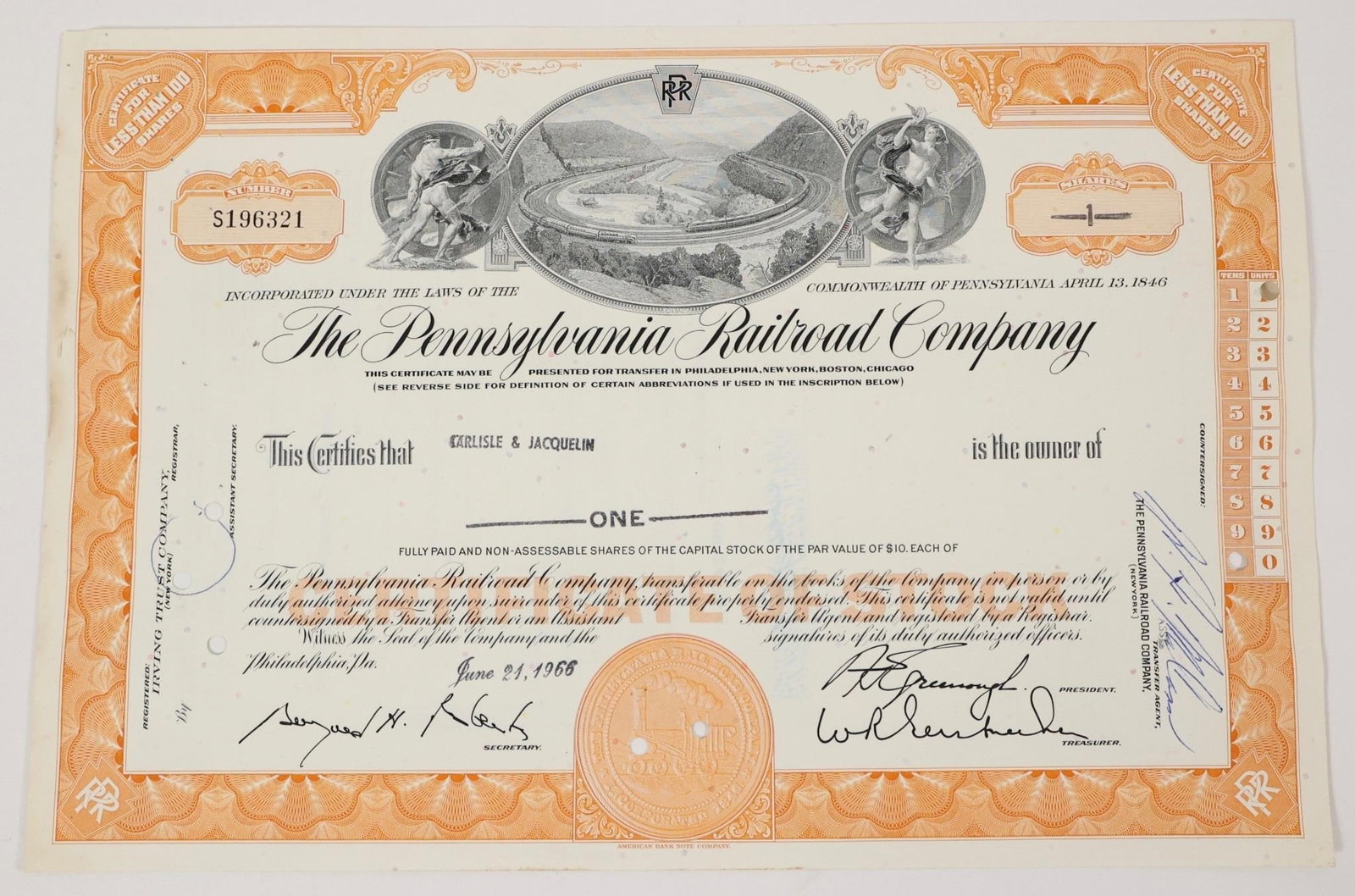 Pennsylvania Railroad Stock Certificate 1960s: Original, collectible Pennsylvania Railroad Company stock certificate from the 1960s.