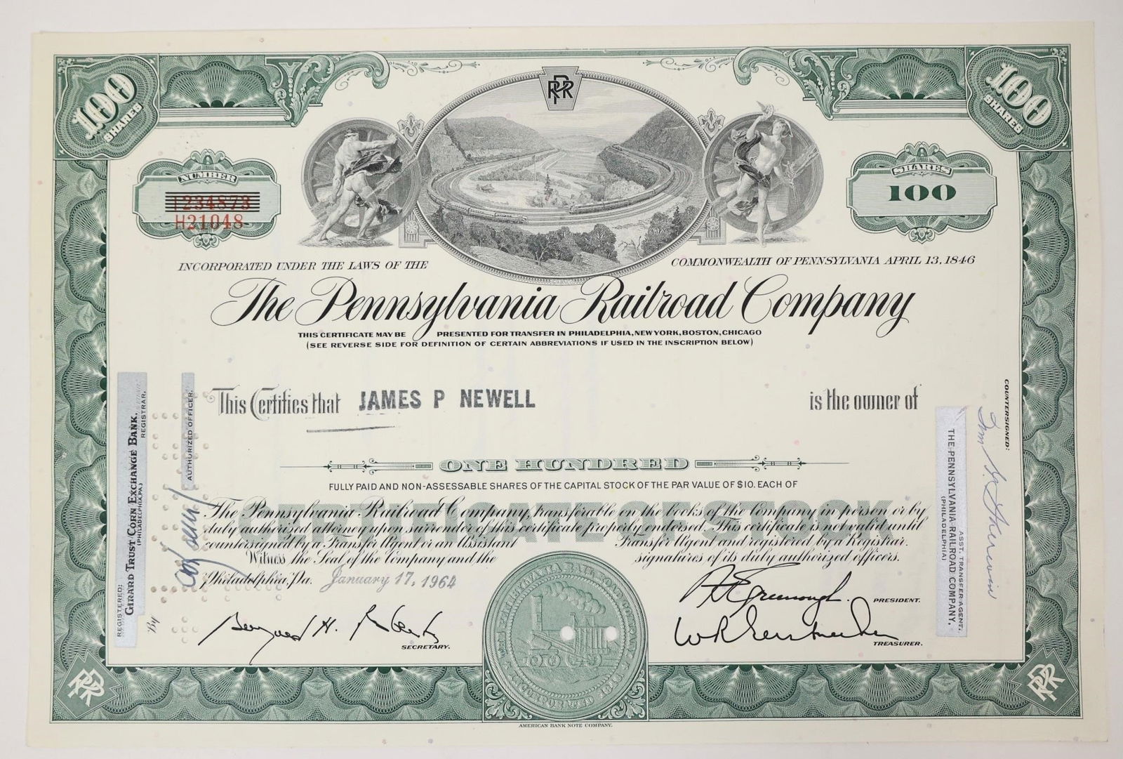Pennsylvania Railroad Stock Certificate 1964: Pennsylvania Railroad Company 100-share stock certificate issued on January 17, 1964, to James P. Newell.