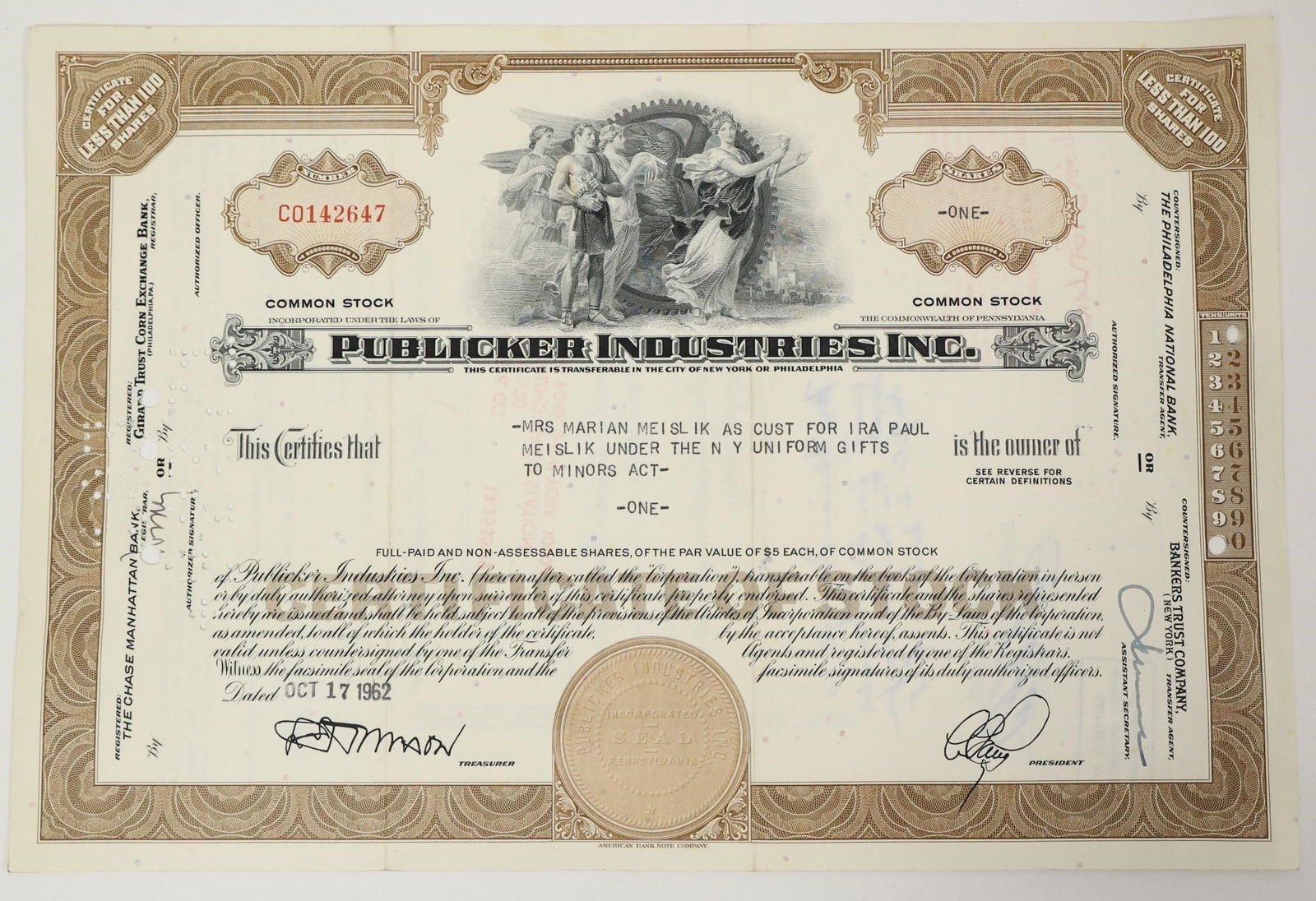 Publicker Industries Stock Certificate 1962: Collectible Publicker Industries Inc. common stock certificate dated October 17, 1962.