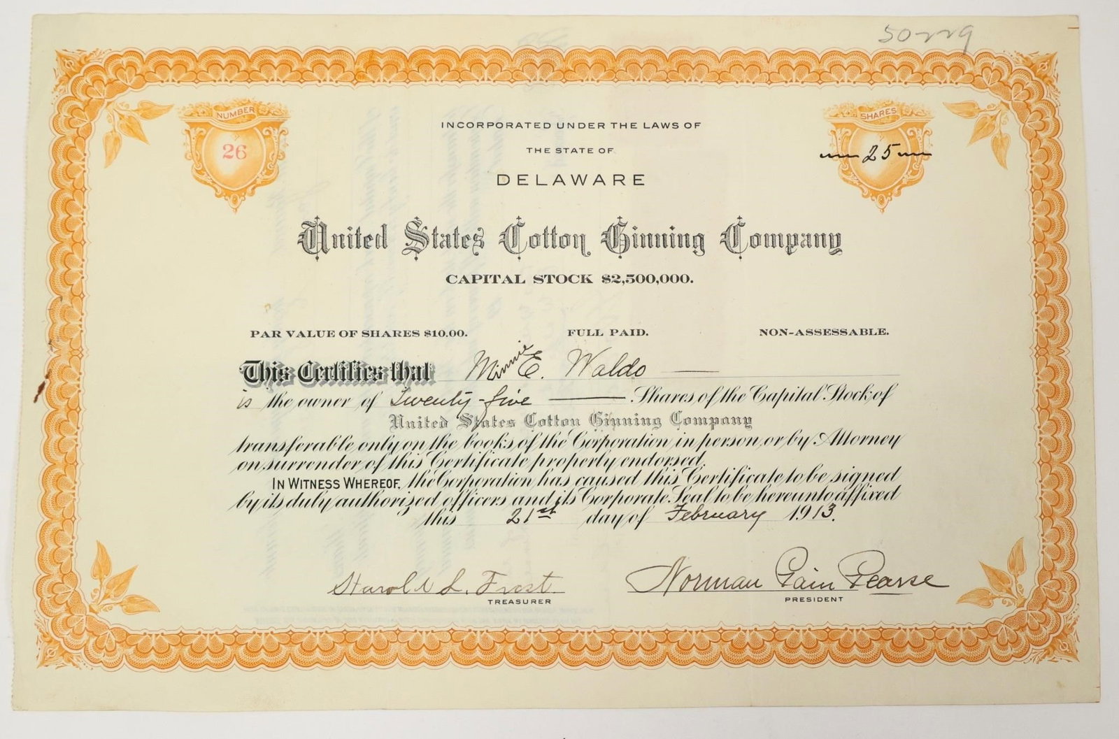 United States Cotton Ginning Stock Certificate: Collectible United States Cotton Ginning Company stock certificate issued in 1913. It was issued to a "M. Waldo" on February 21, 1913.
