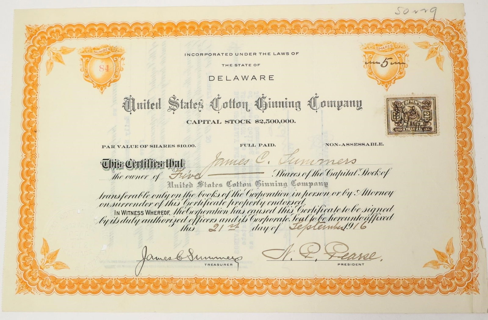 United States Cotton Ginning Stock Certificate: United States Cotton Ginning Company stock certificate from 1916. It is dated the 21st day of September, 1916, and signed by James C. Summers as Treasurer and A. L. Pearce as President.