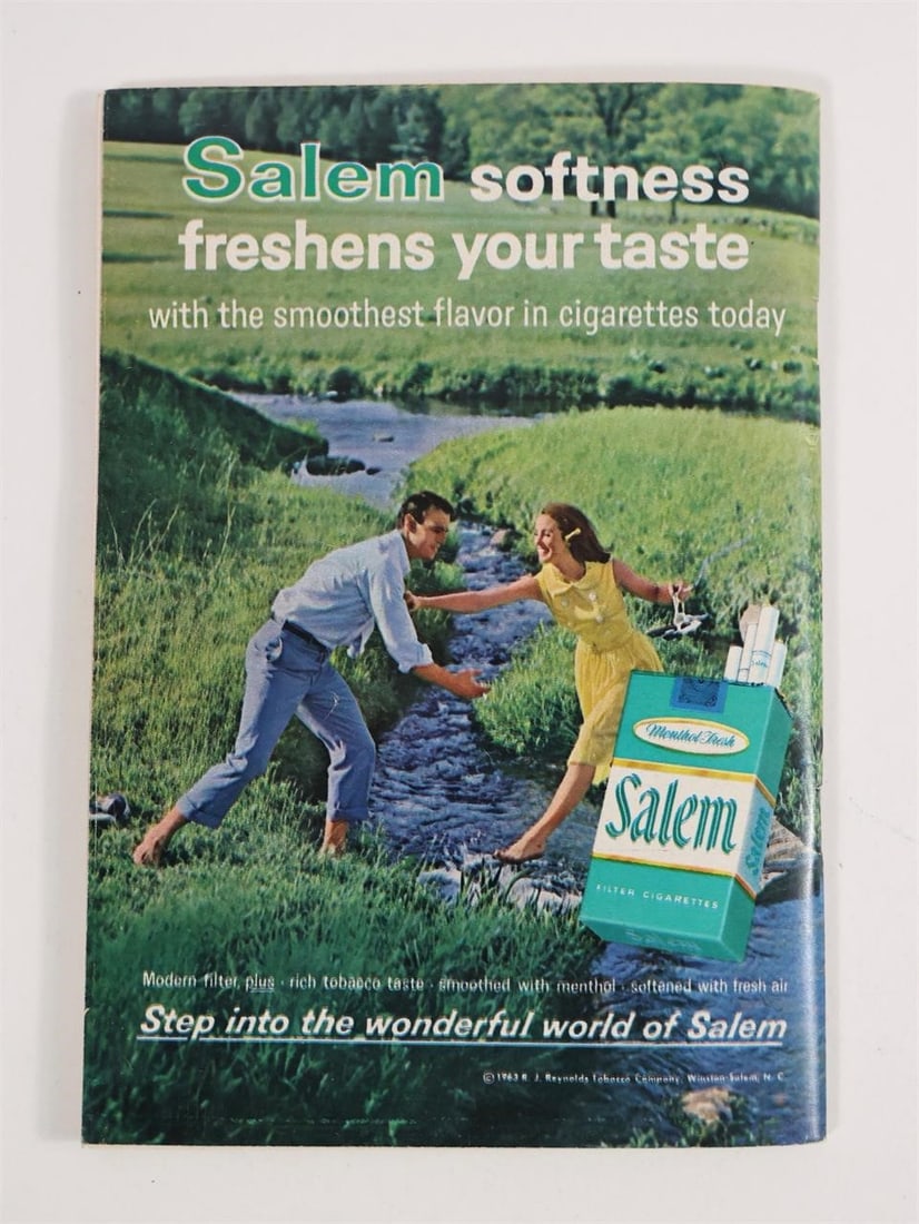Salem Cigarettes Ad: Salem softness freshens your taste with the smoothest flavor in cigarettes today. Image shows a man and woman stepping across a stream in a green field with a pack of Menthol Fresh Salem Filter