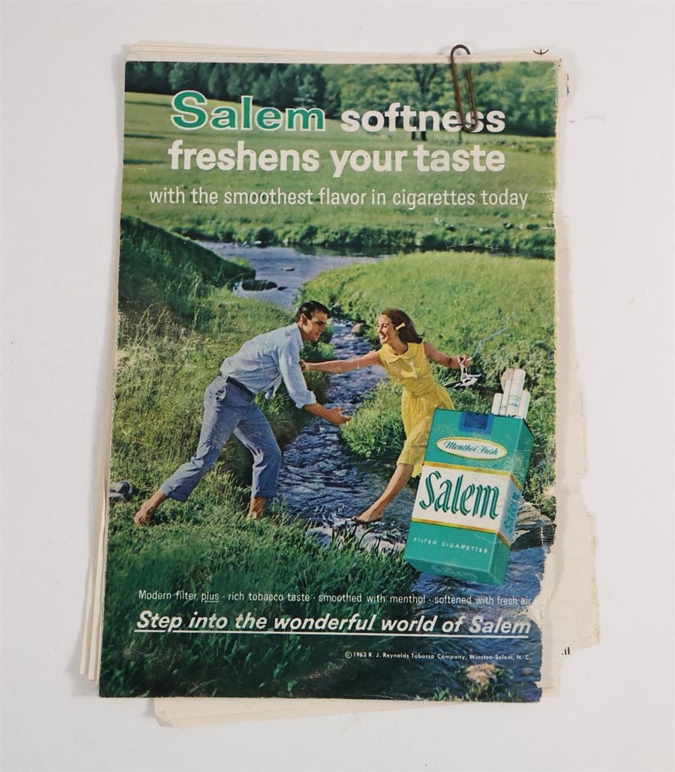 TV Guide America's Long Vigil Pages: Group of loose TV Guide pages, paper-clipped at the top. Includes the Salem cigarette advertisement page reading "Salem softness freshens your taste," interior black-and-white photo pages showing
