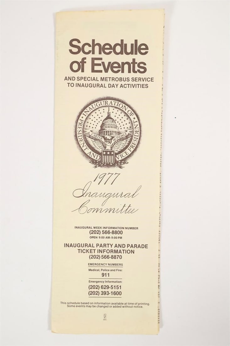 1977 Inaugural Schedule: Folded program titled "Schedule of Events and Special Metrobus Service to Inaugural Day Activities." Features the seal reading "Inauguration of President and Vice President," marked 1977 Inaugural