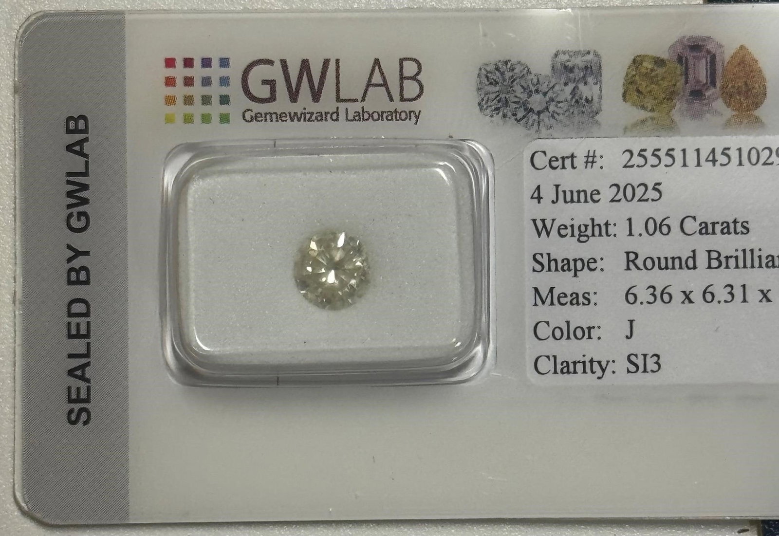 Natural Round Diamond 1.06 Ct: 1 pcs Diamond (Natural) - 1.06 ct - Round - J - SI3 -Gemewizard Gemological Laboratory (GWLab)