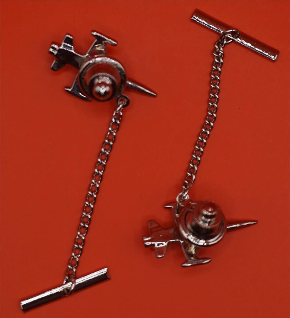 Silver Tone Airplane Tie Tacks Set - 2