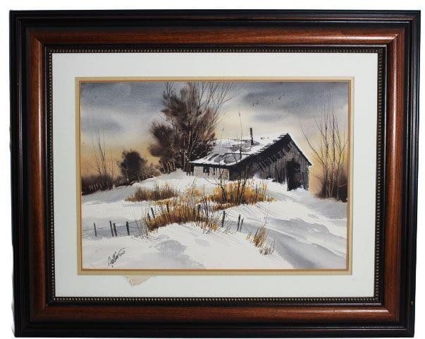 Anne F Fallin Winter Watercolor Painting: Painting is framed.Dimensions: 35" x 44"Watercolor painting.By Anne Fallin: The work is by the artist.