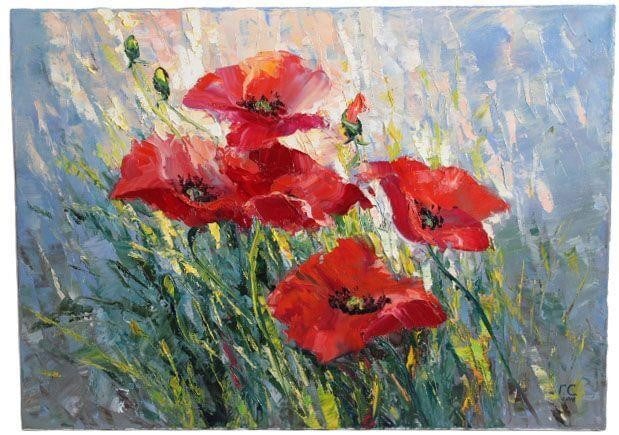 Red Flowers (tulips) signed by GC: 2018Oil on canvas.Painting is not framed.Dimensions: 20" x 27.5"