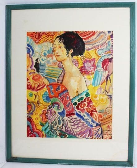 "Women In Kimono" by Gustav Klimt: Follower of Gustav KlimtMEASUREMENTS: Watercolor.The piece is 29.75 inches high and 23.5 inches wide with a frame. SIGNED: Gustav Klimt. TYPE OF SIGNATURE: Ink in the bottom right side