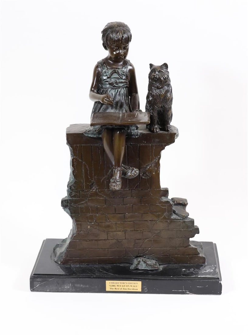 Bronze Sculpture - "Girl w/Cat on Wall": Up for auction is a Collector's Edition bronze-style sculpture titled "Girl w/Cat on Wall," from The Best of Jim Davidson collection. This finely detailed piece portrays a young girl seated on a