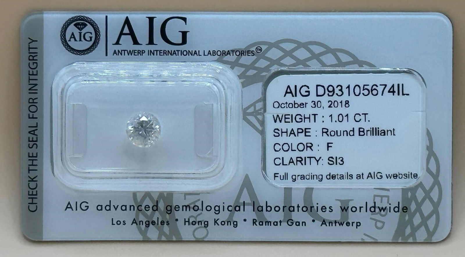 Natural Round Diamond 1.01ct: NATURAL WHITE DIAMONDAIG REPORT NUMBER: D93105674ILShape and Cutting Style ROUND BRILLIANTMeasurements 5.98- 6.11 * 4.20 mmCarat Weight 1.01 caratColor Grade FClarity Grade SI3Cut Grade GOOD