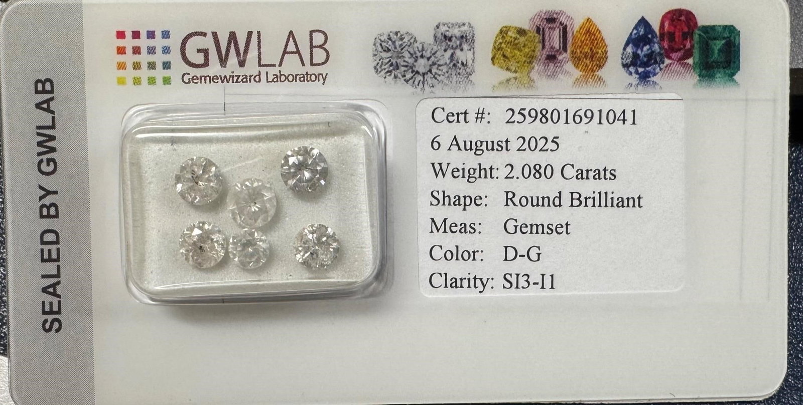 Natural Round Diamonds 2.080 ct (6pc): Total Carat Weight 2.08caratsnumber of Diamonds: 6Color grade: D-GClarity Range: si3-i1