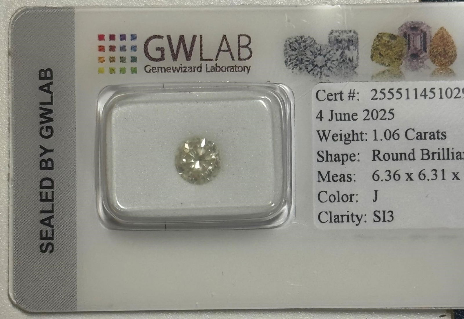 Natural Round Diamond 1.06 Ct: 1 pcs Diamond (Natural) - 1.06 ct - Round - J - SI3 -Gemewizard Gemological Laboratory (GWLab)