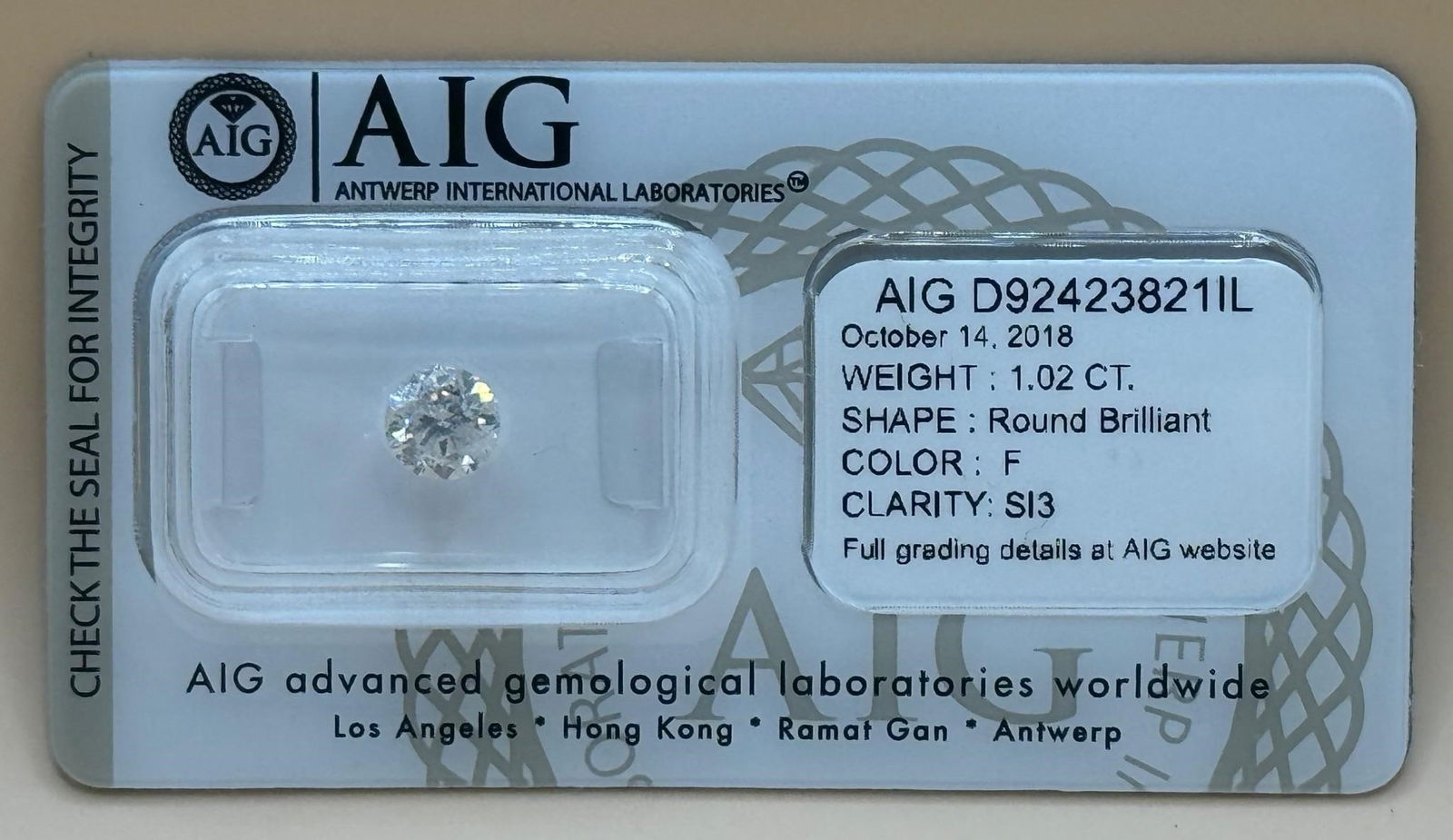 Natural Round Diamond 1.02ct: NATURAL WHITE DIAMONDAIG REPORT NUMBER: D92423821ILShape and Cutting Style ROUND BRILLIANTMeasurements 6.21 - 6.29 * 4.00 mmCarat Weight 1.02 caratColor Grade FClarity Grade SI3Cut Grade EXCELLENT