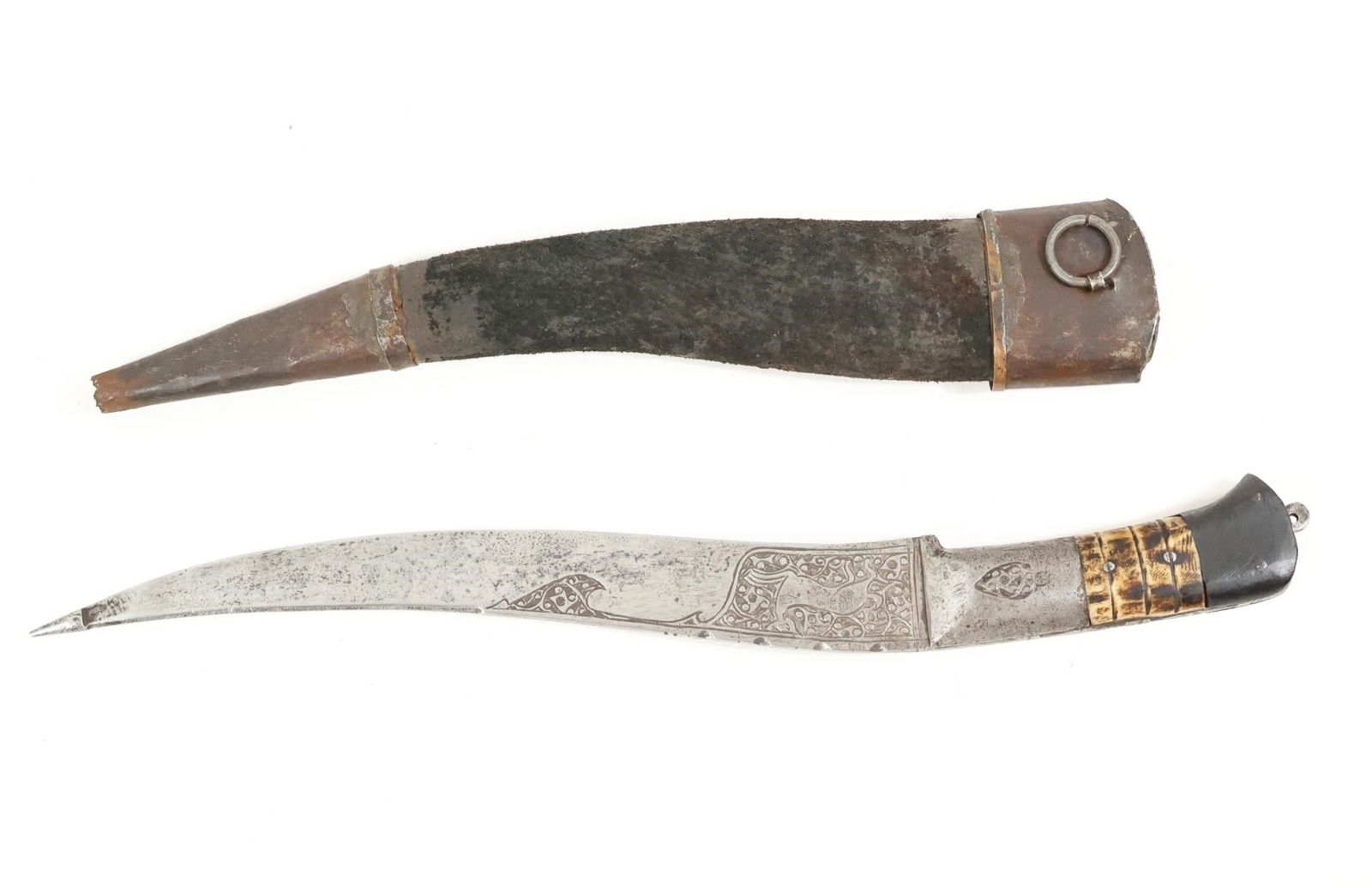 Indo-Persian Zirah Bhonk Dagger Damascened Blade: Indo-Persian, similar to Zirah Bhonk / Zirah Bouk, late 19th century, damasked blade, the hilt with engraved decoration.