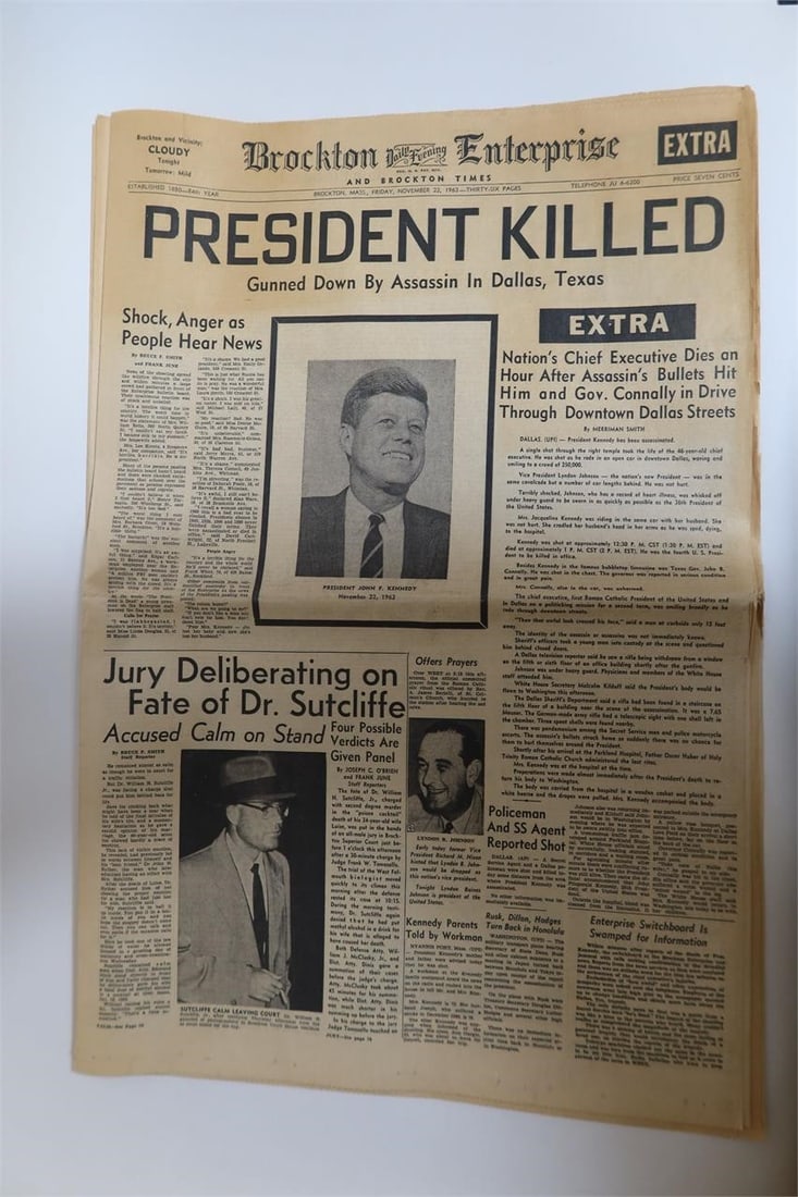 President Kennedy Killed Newspaper: Front page from the Brockton Enterprise EXTRA with the headline "PRESIDENT KILLED," reporting John F. Kennedy gunned down by assassin in Dallas, Texas. Includes a large portrait of President Kennedy a