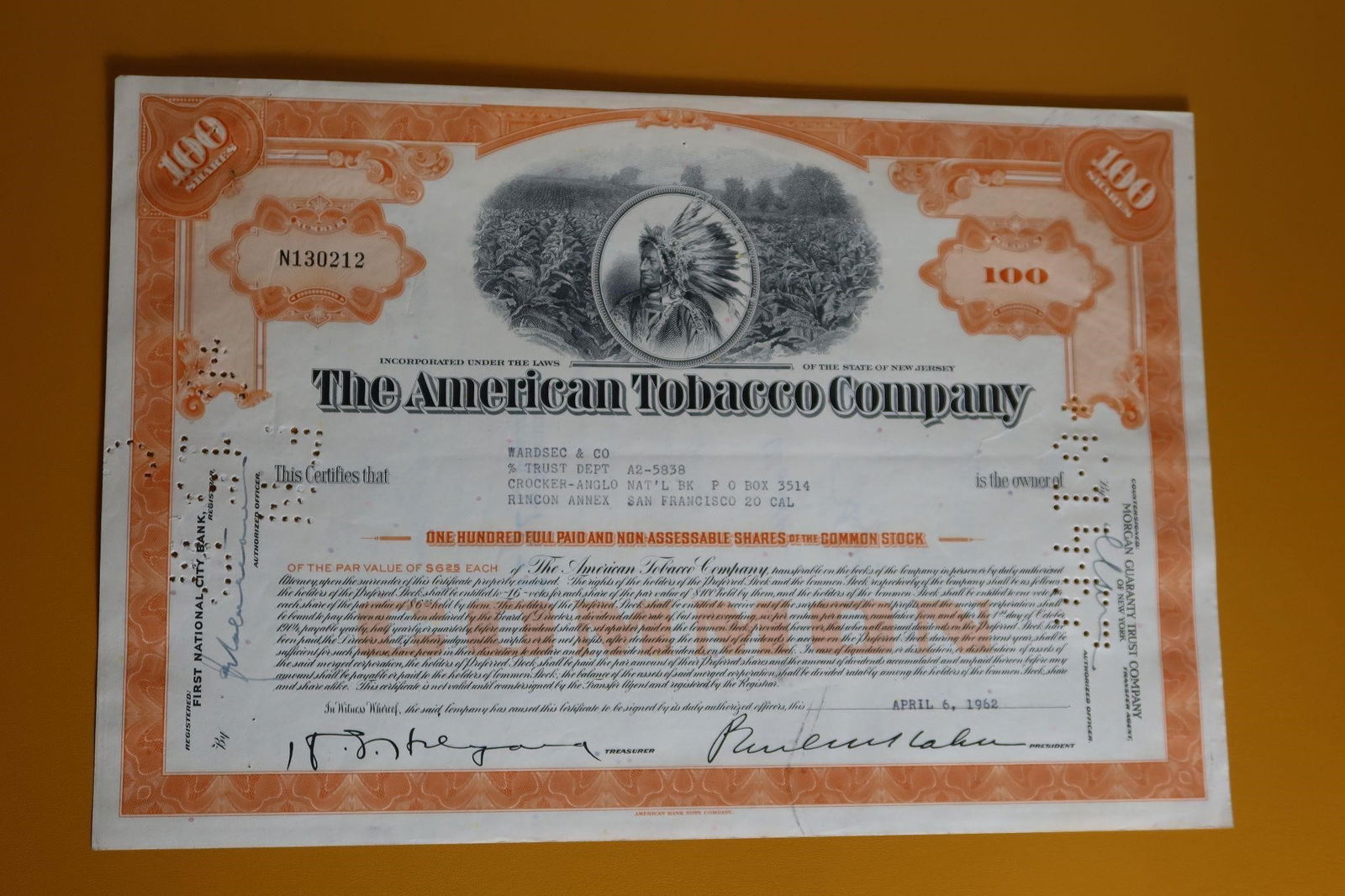 American Tobacco Company Stock Certificate: A vintage American Tobacco Company stock certificate from 1962, which is now considered a historical collectible. Company: The American Tobacco Company, incorporated in New Jersey. Shares: Certifies
