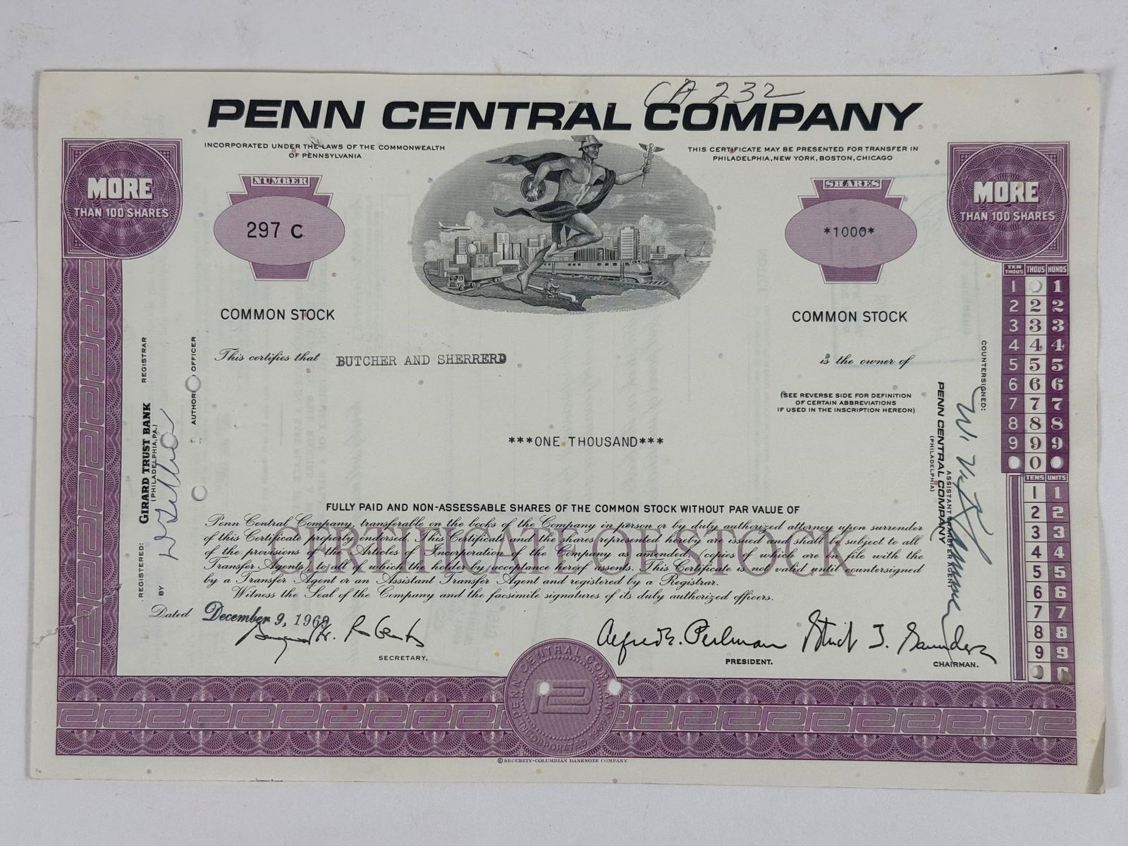 Penn Central Company Stock Certificate: Original common stock certificate issued by the Penn Central Company on November 17, 1969, representing one thousand (1,000) shares. Issued to The Debenture & Securities Corporation of Canada, this ce