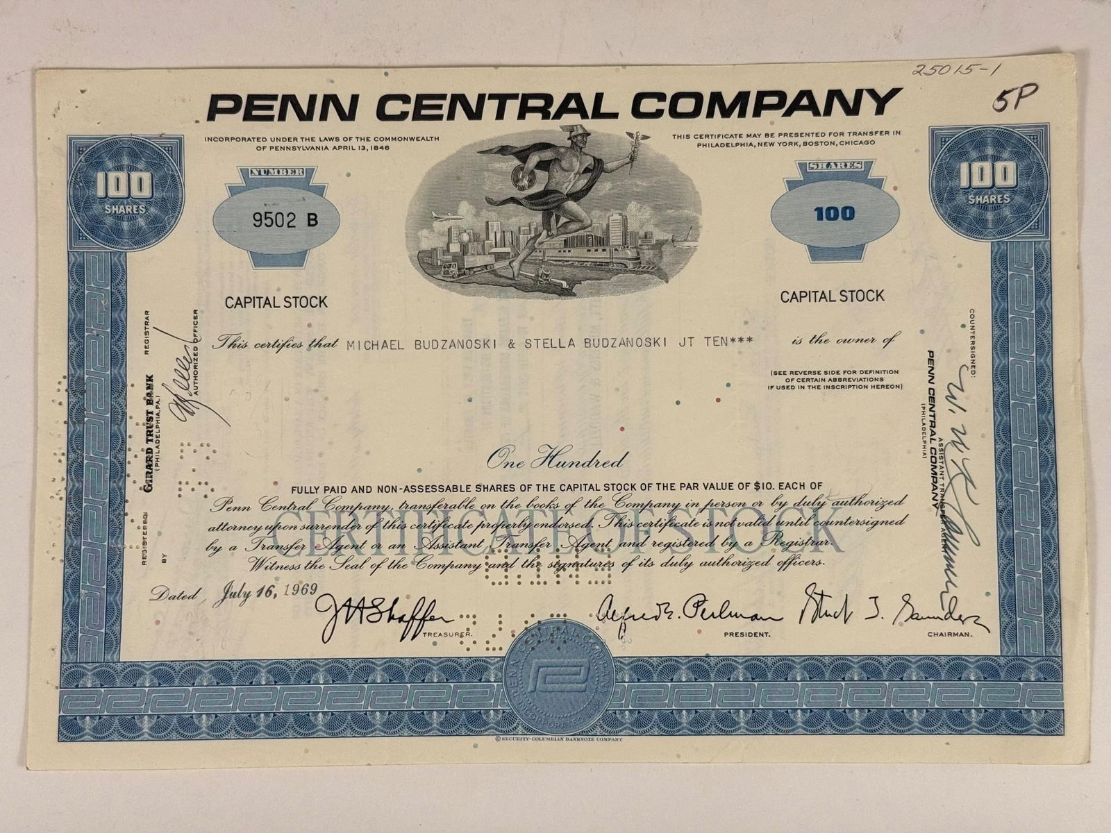 Penn Central Company Stock Certificate (1 of 2)