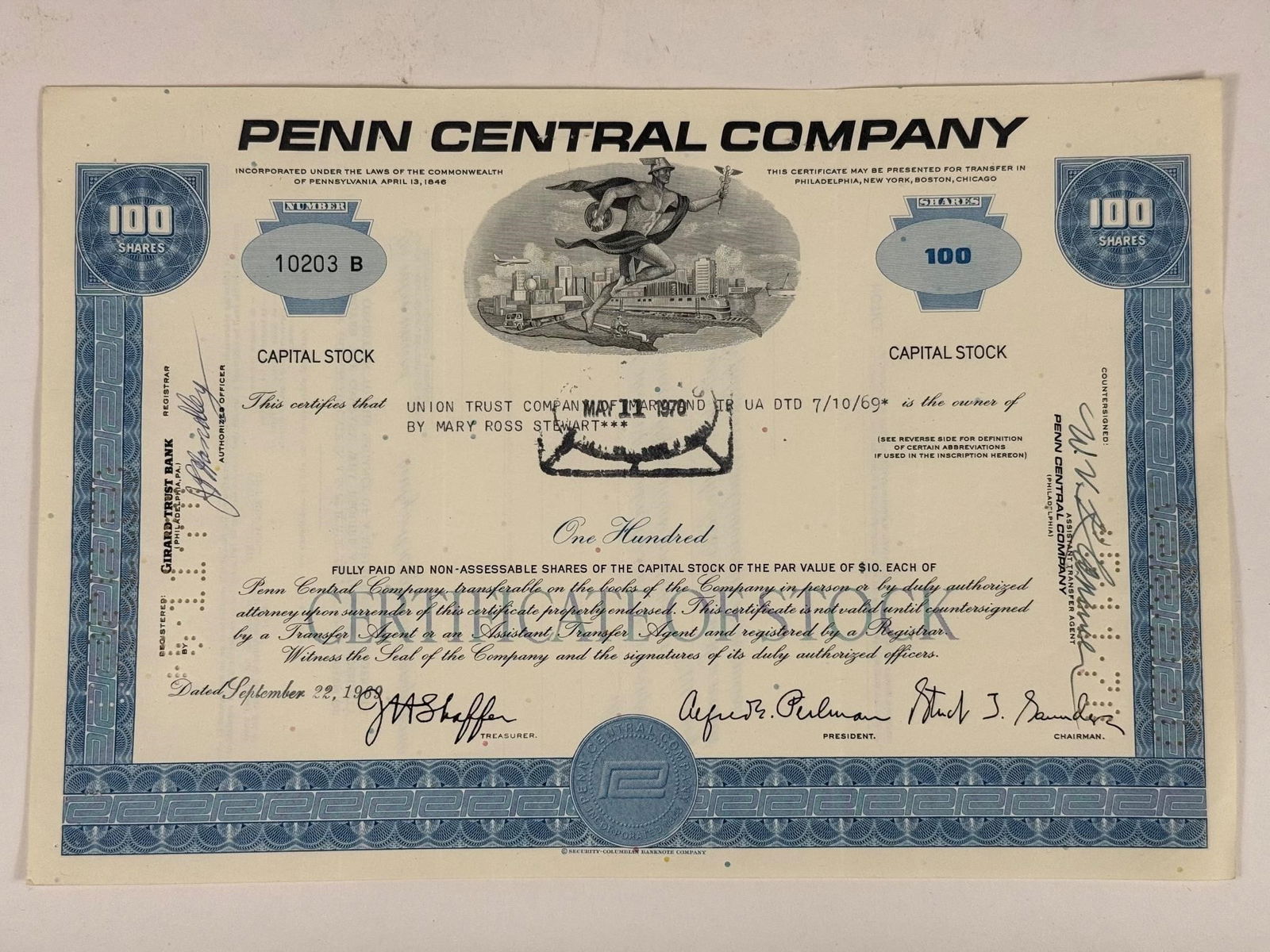 Penn Central Company 100-Shares Stock Certificate (1 of 2)