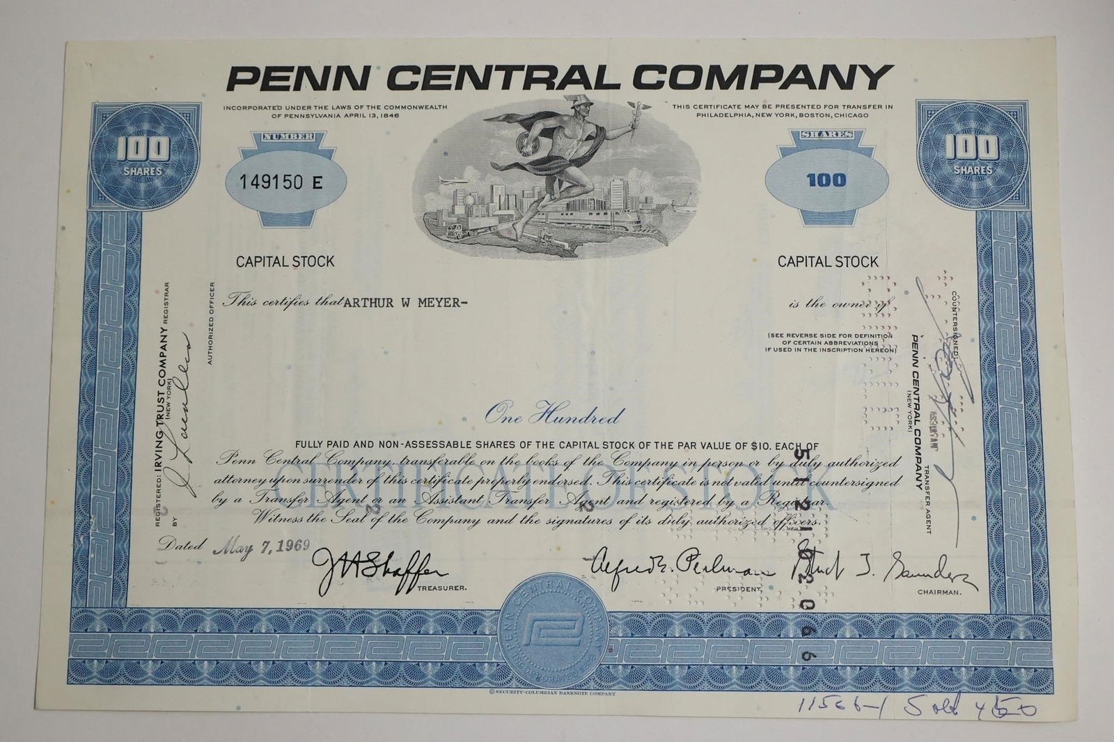 Penn Central Company Stock Certificate (1 of 2)