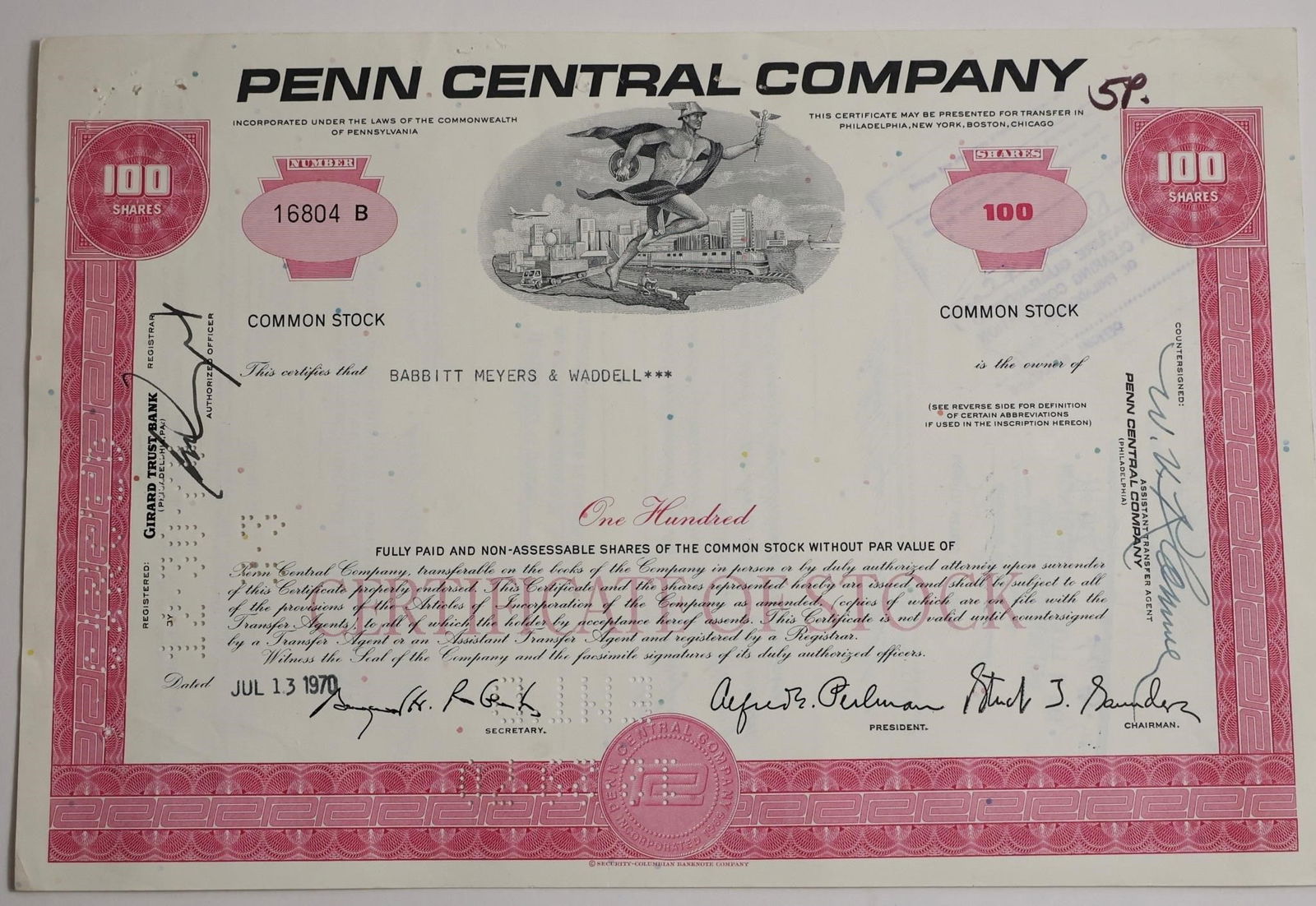 Penn Central Company Stock Certificate (1 of 2)
