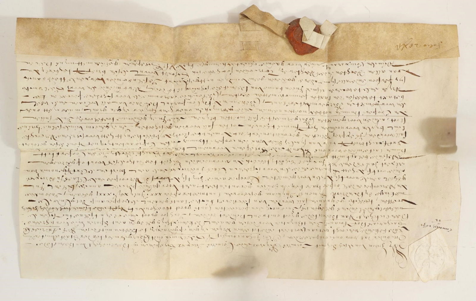 Netherlands Sparenhout Haarlem Document, 1631: This manuscript from 1631 (vellum) measures about 28 x 42 centimeters and is equipped with a lacquer/wax seal and, in the top left, a small seal (Cleinsegel). The manuscript is in neat, collectible co