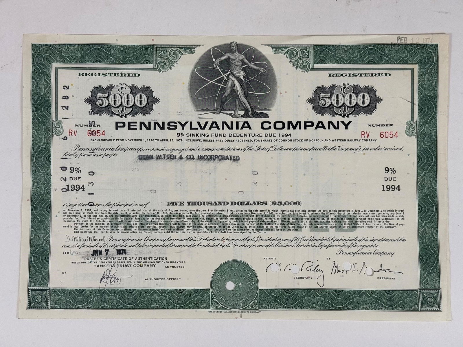 Pennsylvania Company $5,000 9% Sinking Fund: A $5,000 9% Sinking Fund Debenture bond certificate from the Pennsylvania Company, dated January 7, 1974, and due in 1994. Issued during the Penn Central era, this certificate is commonly collected to