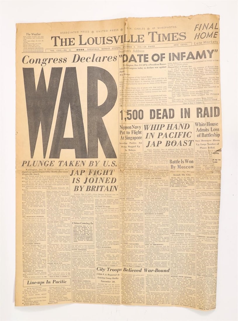 Declaration of War December 8, 1945 Newspaper: The Louisville Times December 8, 1945 Newspaper Annoucing Congress Declaration of War on Japan and The United States entrance into World War Two The newspaper has been trimmed to fit a frame at some p