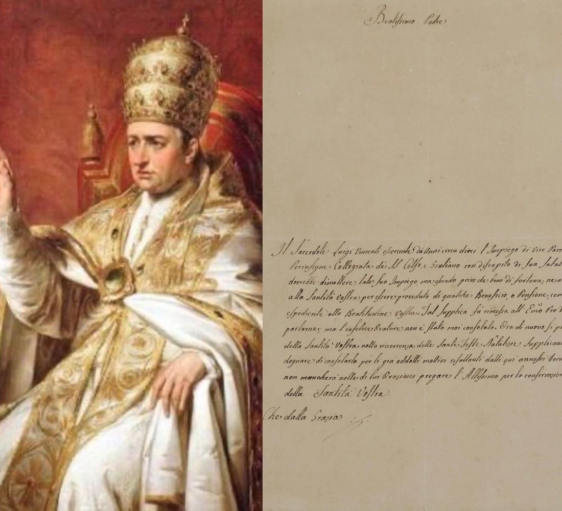 1833 Pope Gregory XVI Supplica with Note: Original manuscript on laid paper, consisting of a formal supplication addressed directly to His Holiness Pope Gregory XVI, dated December 16, 1833, drafted by the priest Luigi Vincenti, vice parish
