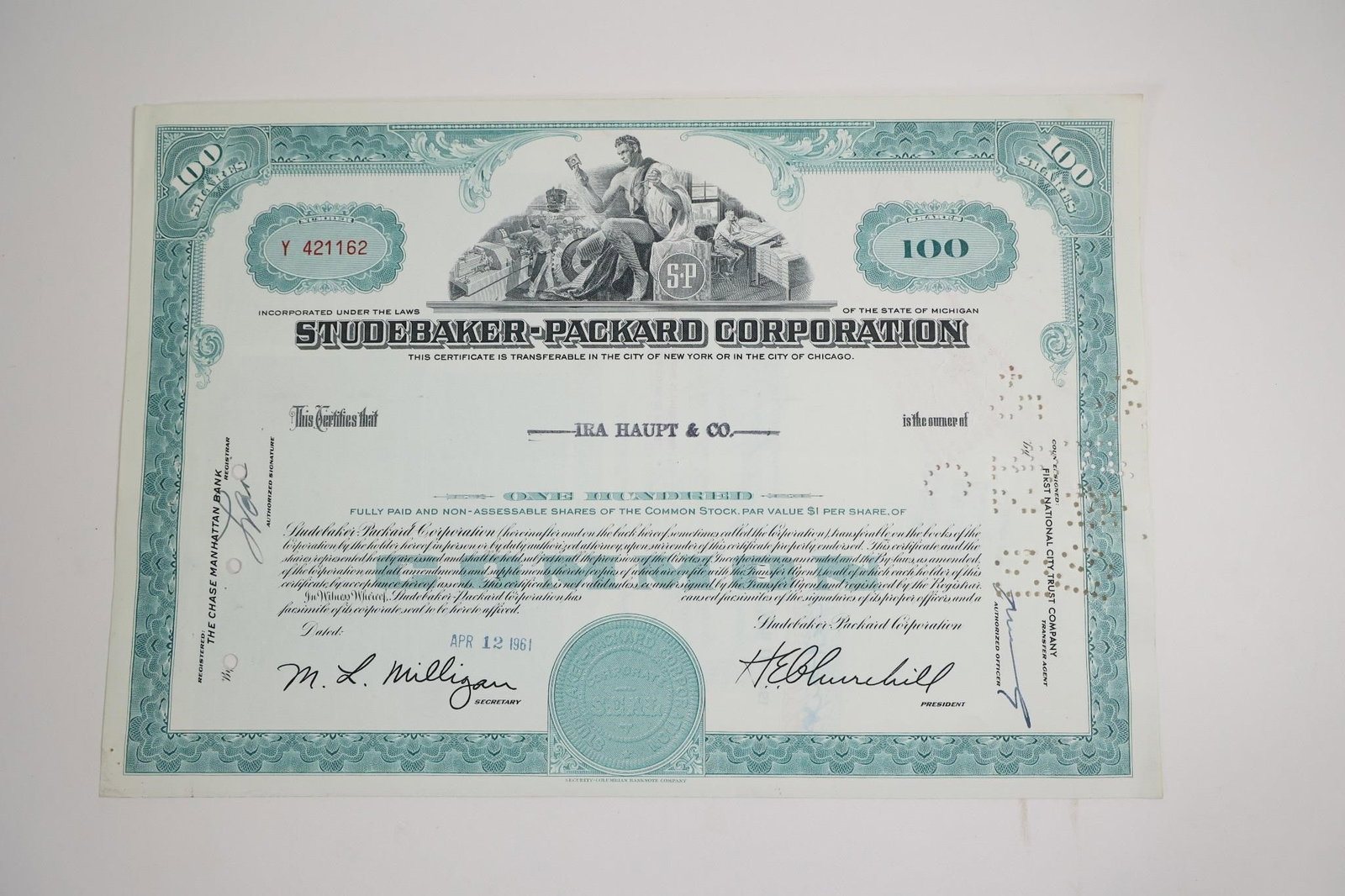 Studebaker-Packard Corporation Stock Certificate (1 of 2)
