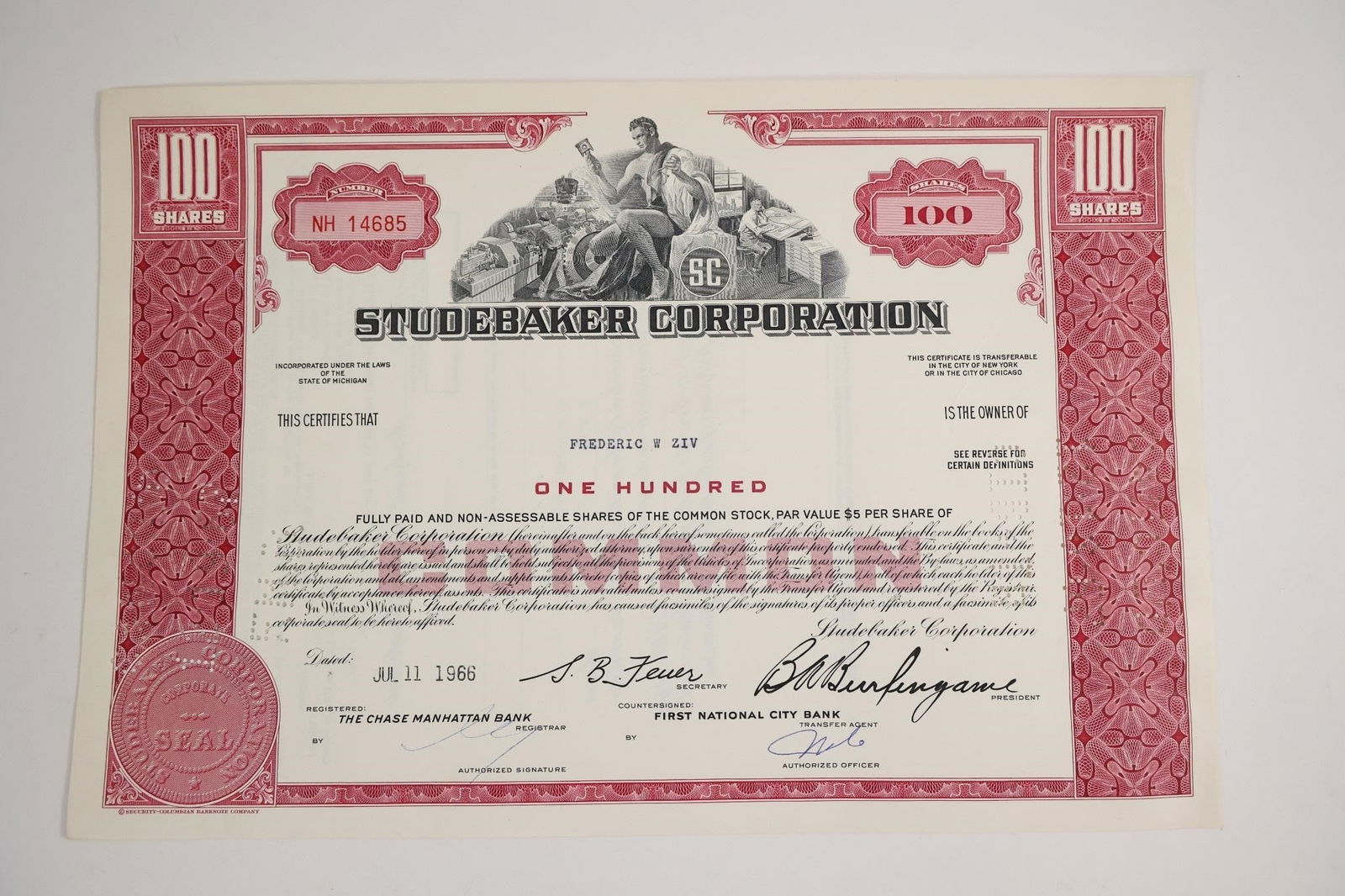 Studebaker Corporation Common Stock Certificate (1 of 2)
