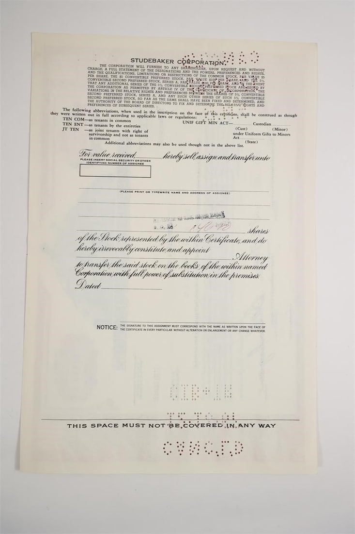 Studebaker Corporation Common Stock Certificate - 2