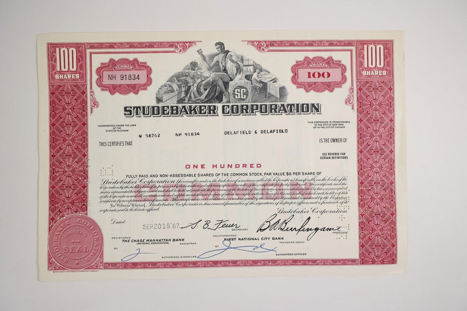 Studebaker Corporation Stock Certificate (1 of 2)