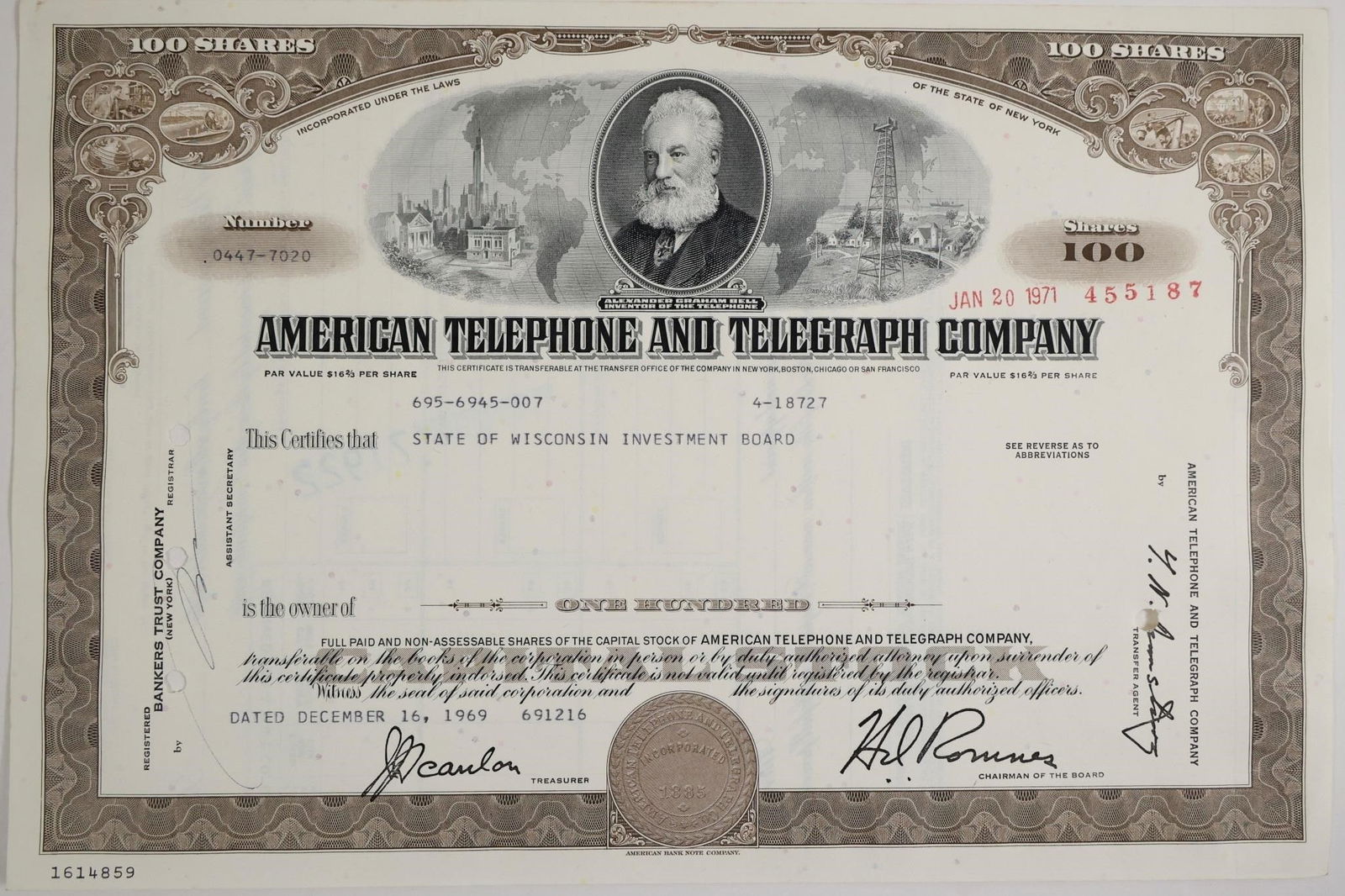 AT&T Stock Certificate - State of Wisconsin: American Telephone and Telegraph Company (AT&T) stock certificate, issued to the State of Wisconsin Investment Board on December 16, 1969.